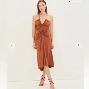 Veronica Beard Saskia satin ruched midi dress in golden brown